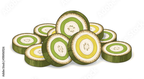 A creative arrangement of sliced plantains, showcasing various cross-sections with green skin and yellow or pale green flesh, highlighting their unique texture.