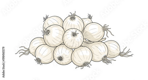 A bountiful pile of small, white pearl onions with delicate roots, ideal for pickling, roasting, or adding subtle flavor to dishes.