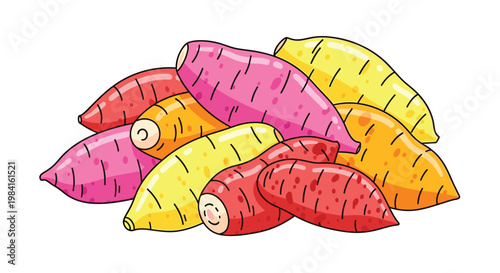 A colorful assortment of sweet potatoes, featuring various hues of red, yellow, and purple, highlighting their diverse and nutritious forms.