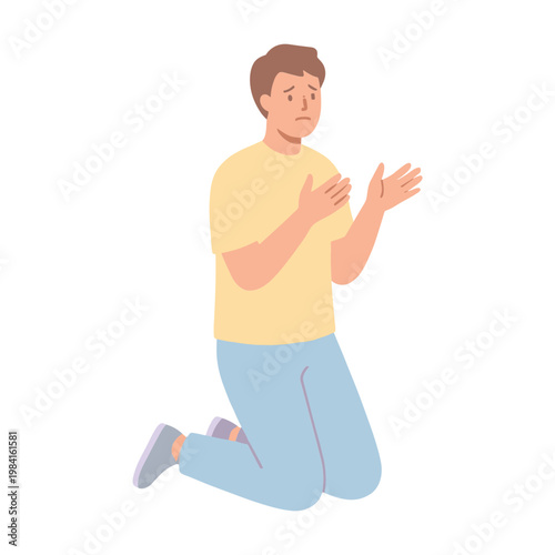 A man kneels on one knee with hands raised in a gesture of prayer or persuasion indoors.