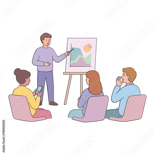 A man presents a colorful graph on a board to attentive people sitting.
