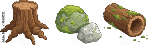 Cartoon Tree Stumps, Logs, and Rocks with Moss Vector Set for Outdoor, Nature, and Eco-Friendly Themes