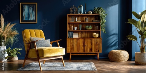 A stylish living room features a vibrant yellow armchair and a warm wooden bookshelf against a deep blue wall.