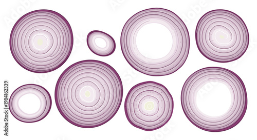 A vibrant array of red onion rings, showcasing various sizes and thicknesses with distinct purple layers, perfect for salads or garnishes.