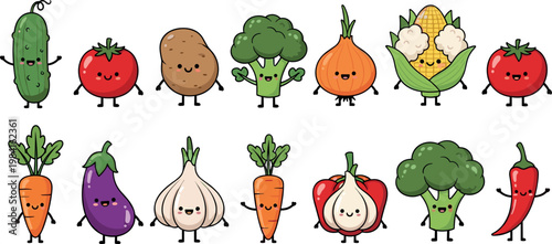 Cute vegetable characters collection with smiling faces including tomato carrot broccoli corn and onion isolated cartoon vector illustration set