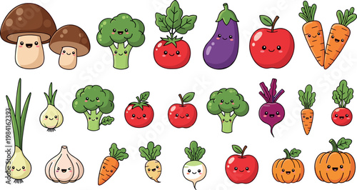 Cute vegetable and mushroom characters collection with smiling faces including broccoli tomato carrot and pumpkin isolated cartoon vector illustration set