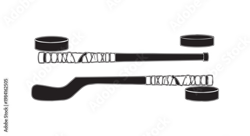 Pair of hockey sticks and pucks isolated on white background, top view and side view, black and white graphic illustration.
