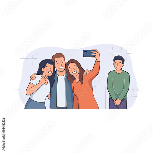 Four people taking a selfie with one person standing apart