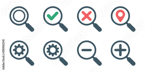 Magnifying glass icons with checkmark cross location pin gear minus and plus symbols.