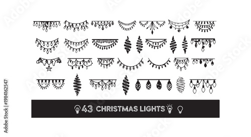Collection of Christmas lights and ornaments, string lights, pine trees, star, black and white decorative elements.