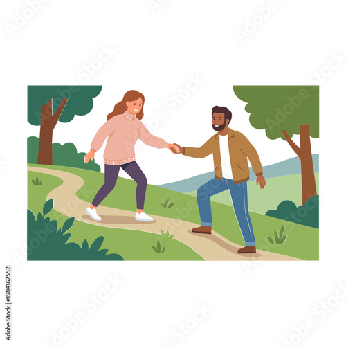 People holding hands walking on a path in a park with trees
