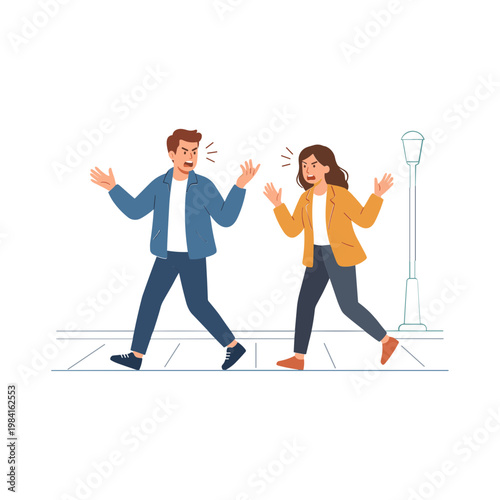 A man and woman walk down a city sidewalk laughing and gesturing happily