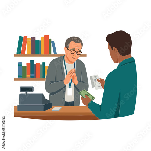 Man hands cash to store clerk at checkout counter in bookstore