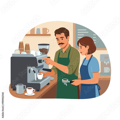 Barista and assistant preparing coffee at a cafe counter with espresso machine