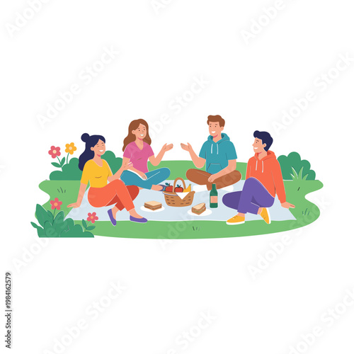 Four friends sit on a blanket in the park enjoying a picnic together outdoors