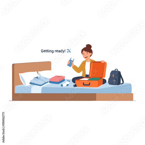 Woman preparing for travel on bed with suitcase and luggage