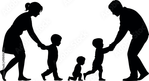 Silhouette of parents supporting children learning to stand and walk, family interaction concept showing early childhood development stages