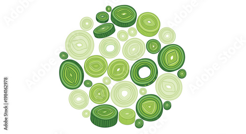 A diverse collection of green leek slices, showcasing various sizes and shades of green with concentric rings, ideal for adding subtle onion flavor.