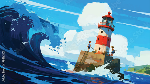 Illustration Of People Climbing An Old Lighthouse In The Vast Sea With Big Waves Vector Design Template