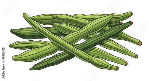A cluster of fresh, elongated green moringa pods, also known as drumsticks, widely recognized for their nutritional benefits and culinary uses.