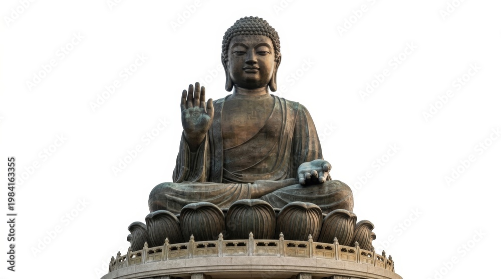 Obraz premium Large bronze statue of Buddha with serene expression set against clear blue sky background
