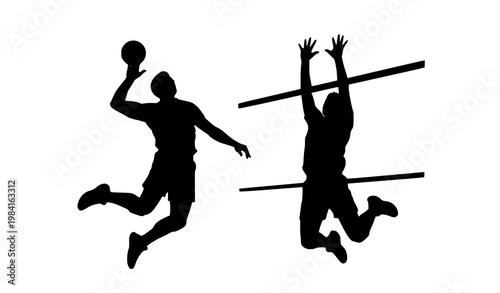 Volleyball player silhouette vector with jumping spike and block action poses minimalist sport illustration isolated on white