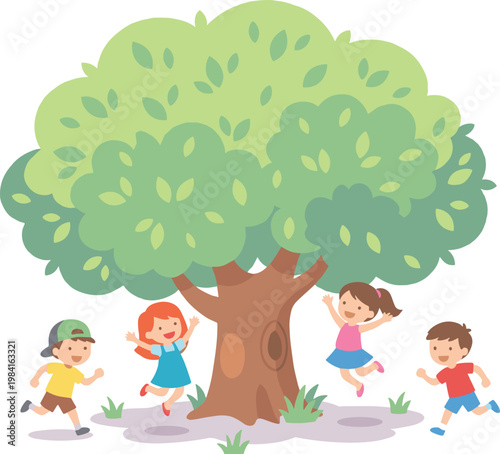 Photos Cartoon Kids Playing Around Large Tree in Outdoor Park for Fun, Nature, and Chil