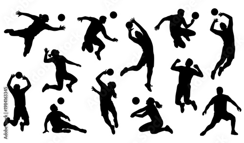 Dynamic volleyball player silhouettes set with serving diving and jumping poses minimal sport vector isolated on white