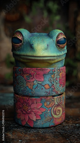 Unique Floral Frog Totem Sculpture