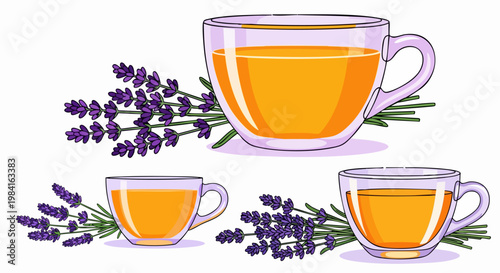 Lavender herbal tea vector set, glass cup with purple flower bouquet, organic aromatic beverage illustration for wellness and spa branding