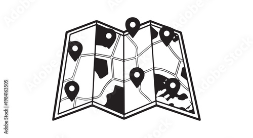 Folded map illustration with pins for travel destination planning and route navigation.