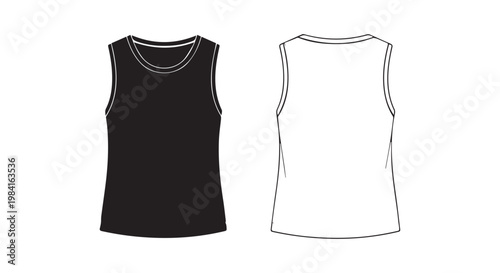 Black sleeveless tank top shirt front and back view, basic garment outline, simple fashion illustration.