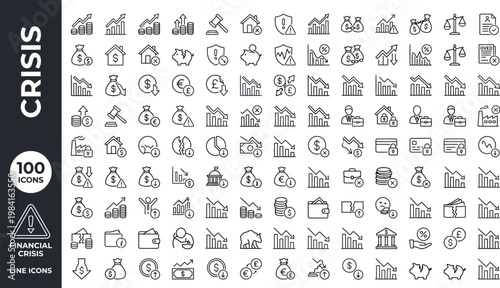 A collection of 100 line icons depicting various financial crisis and economic downturn concepts AI, eps, png, jpg. transparent background.