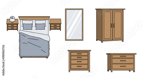 An overhead view of a complete bedroom furniture set, including a bed with nightstands, a full-length mirror, and two dressers, depicting interior design.