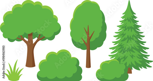 Foto Cartoon Trees and Bushes Vector Set with Green Leaves, Pine Tree, and Shrubs for