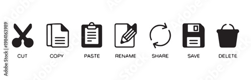 Essential file management icons set for office software including cut copy paste rename share save and delete tools.