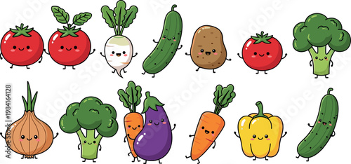 Cute vegetable characters set with smiling faces including tomato cucumber carrot broccoli and pepper isolated cartoon vector illustration
