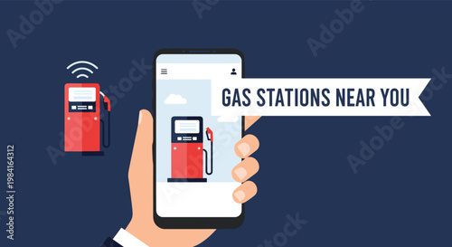 Hand holding a smartphone displaying an app to find nearby gas stations for vehicle refueling and travel convenience.