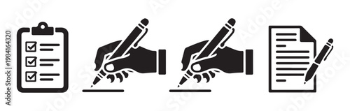 Business management icons including checklist clipboard hand writing with pen and document for office tasks.