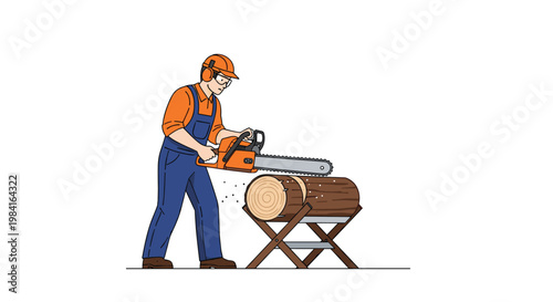 Professional lumberjack wearing safety gear while using a powerful chainsaw to cut a log on a wooden sawhorse.