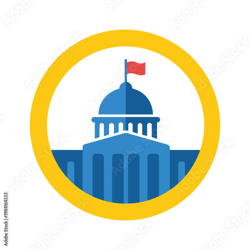 Governmental Icon: A vibrant illustration showcases a classic government building, symbolizing civic duty, with a bold red flag atop a domed roof, enclosed in a golden circle.
