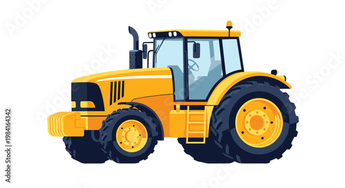Modern large yellow farm tractor for professional agricultural work and heavy duty field operations on a white background.