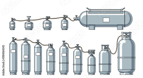Collection of various sizes and types of pressurized gas cylinders connected together for industrial and medical use.