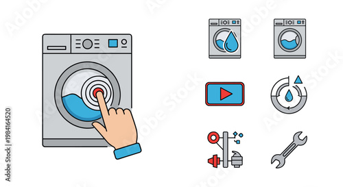 Washing machine control panel with human hand pressing button and laundry service icons representing different cycles.