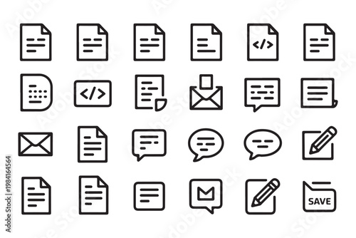 Document icons set different file types code message mail save edit sign pencil envelope.