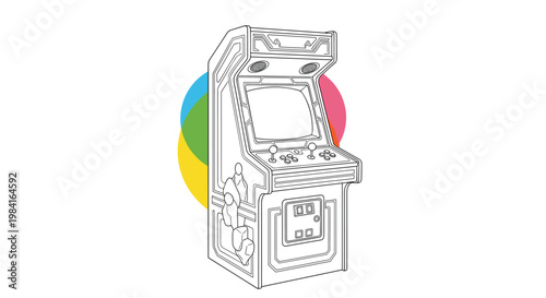 Retro arcade game machine line drawing with colorful overlapping circles in the background against white.