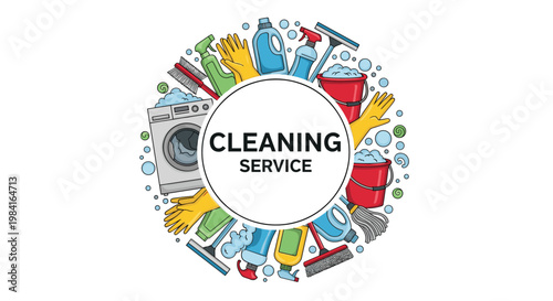 Cleaning service promotional graphic with various housekeeping tools and supplies arranged in circular frame.