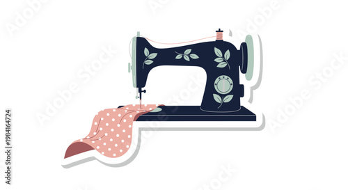 Modern sewing machine stitching pink polka dot fabric on flat white background with white border.