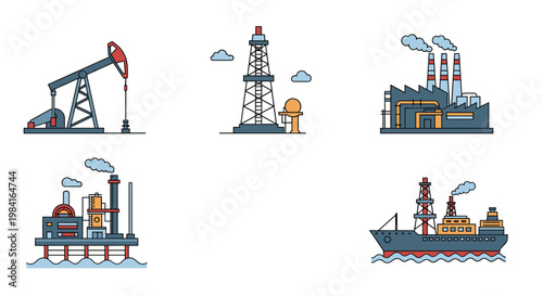 Set of industrial icons for oil and gas industry including drilling rig factory offshore platform and tanker ship.