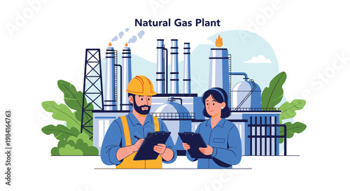 Professional engineers wearing hard hats standing in front of natural gas plant holding clipboards for inspection.